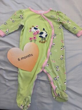 Little Me - Best Beginnings - Green and Pink Cow Print Kids One Piece Sleeper